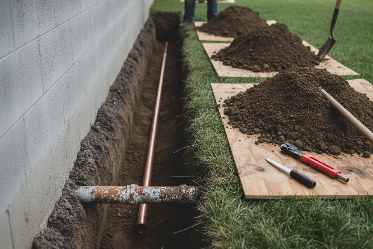 Excavated water line trench during Water Softener Installation in Street